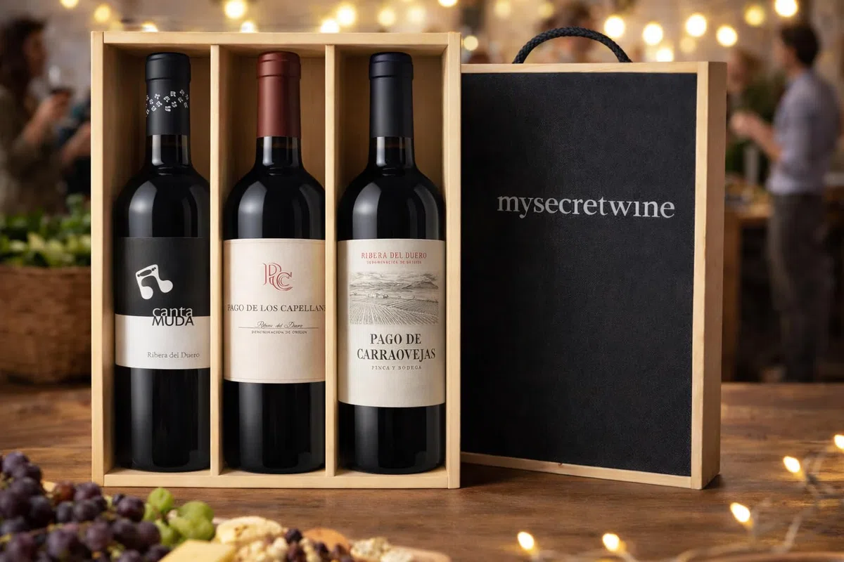 Pack 3 Vinos Ribera del Duero Premium con Caja de Madera – Canta Muda, Pago de los Capellanes Crianza y Pago de Carraovejas – MYSECRETWINE-