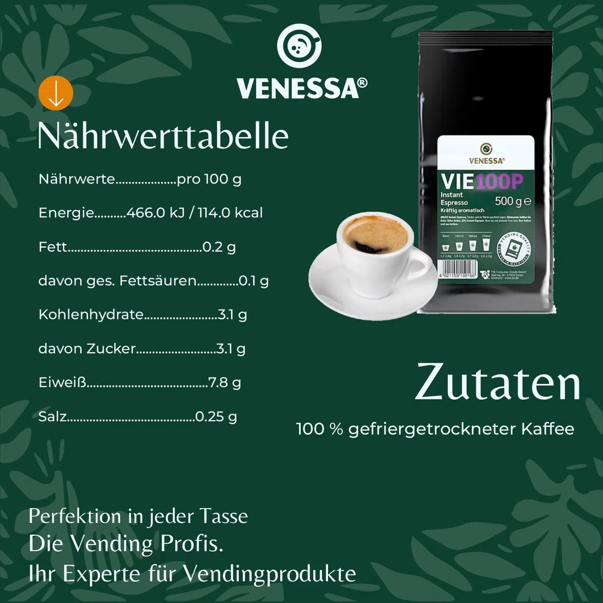 VENESSA VIE 100P Premium Instant Espresso 15 x 500 g suavemente tostado, sabor fuerte y aromático – para máquinas expendedoras