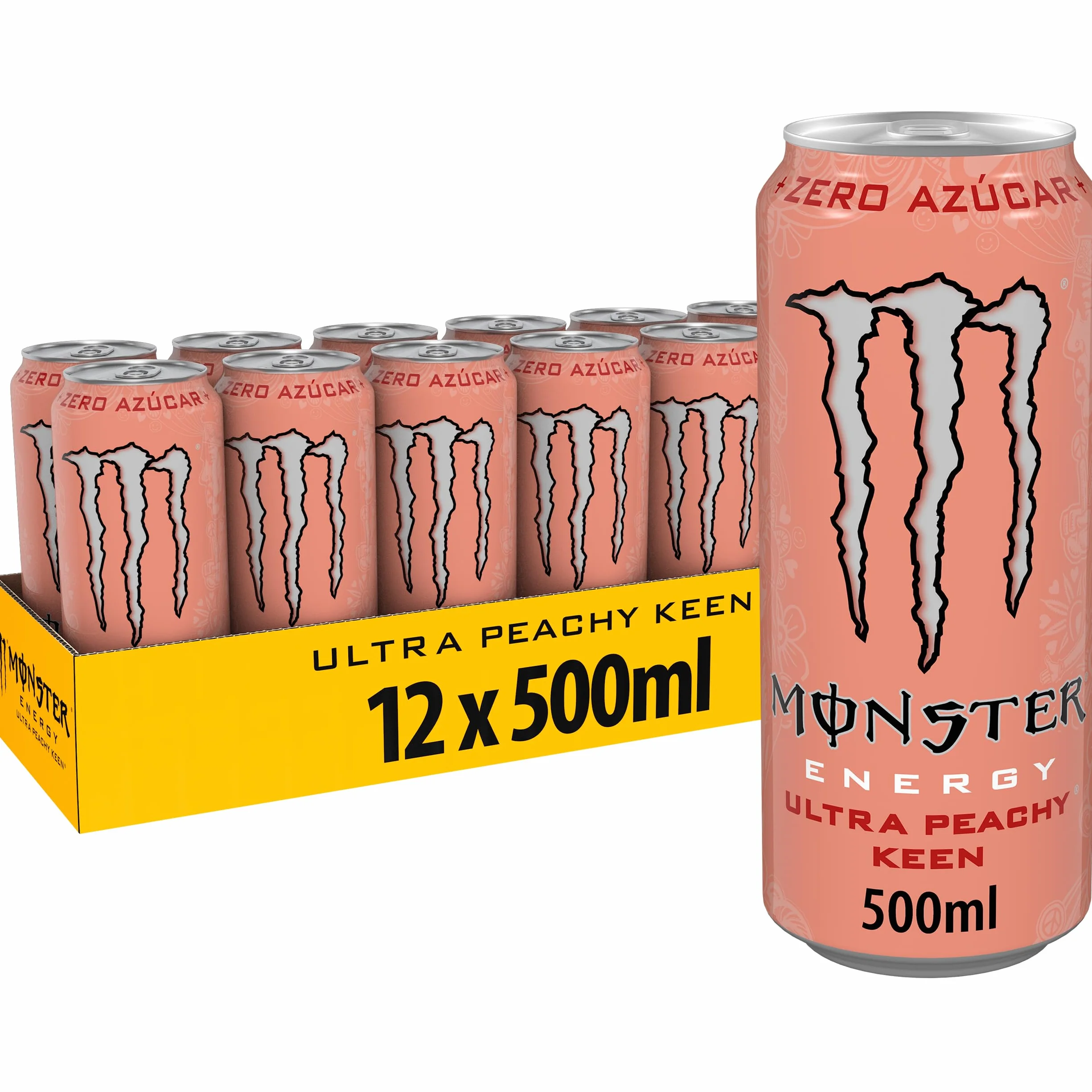 Monster Energy Ultra Peachy Keen, Bebida Energética Sin Azúcar- Pack de 12 Latas de 500ml