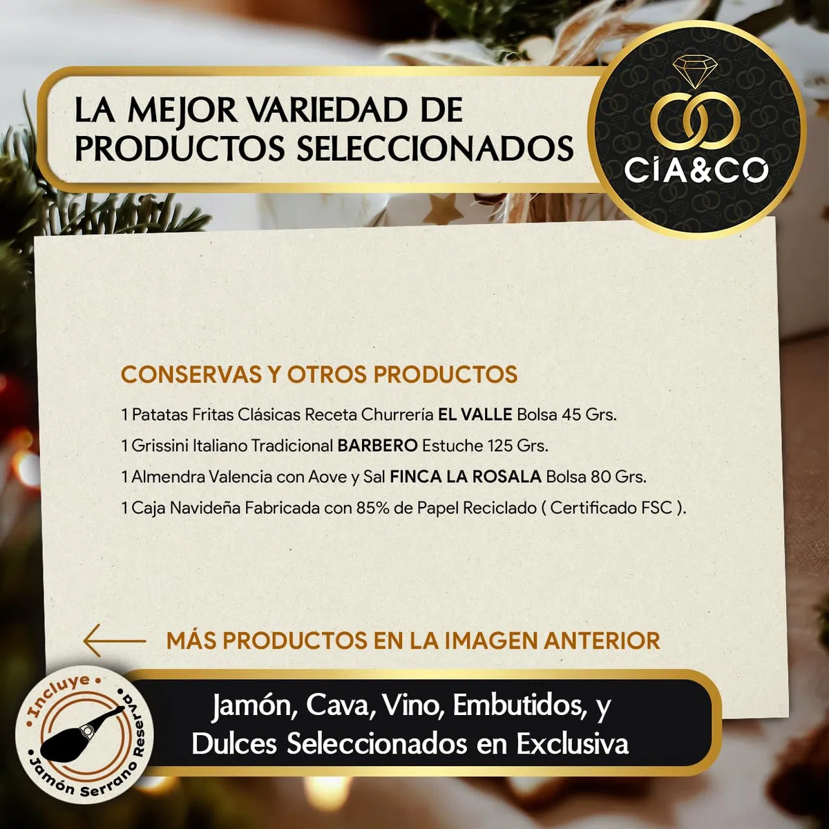 Cesta de Navidad con Jamón Gourmet 2025 (Lote 309) · Con Jamón Reserva, Vino, Cava Pago, Ron, Dulces Selectos y Tarjeta Personalizable · Regalo Corporativo, Familiar o Personal Ideal