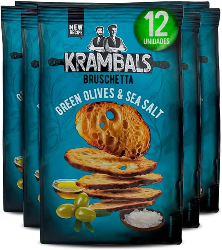Krambals Bruschetta – Rebanadas de Pan Tostado Crujiente, Snack para Aperitivo – Pack de 12 unidades, 70g (Olivas Verdes)