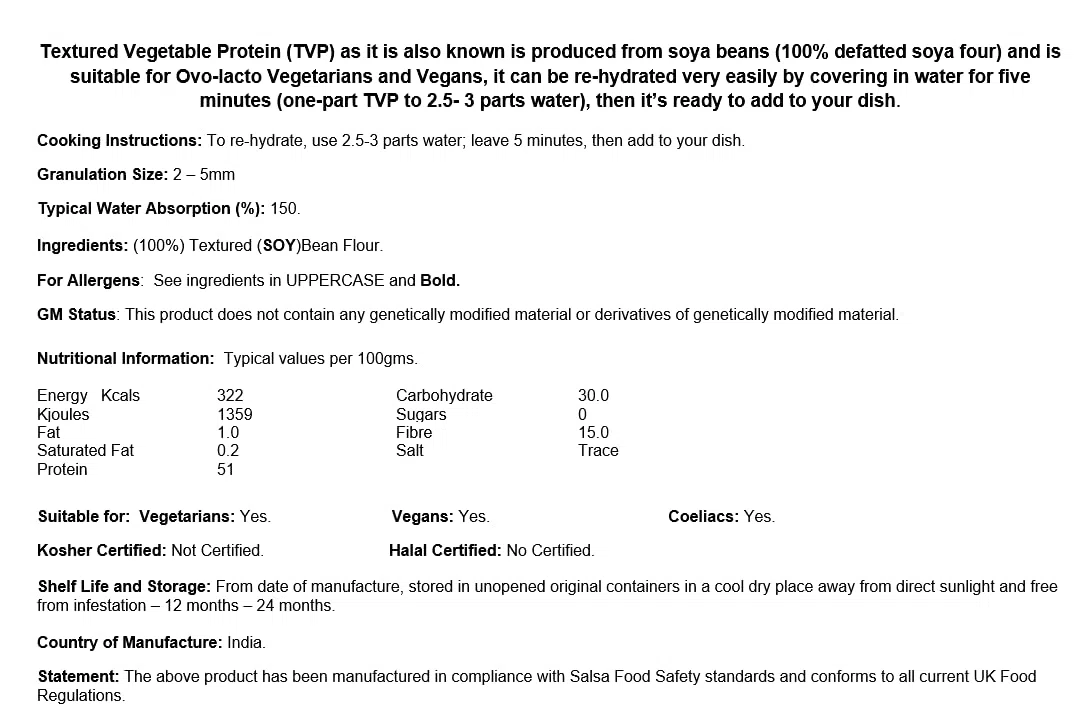 Proteína vegetal texturizada, sustituto de carne picada natural (TVP) (7 libras)