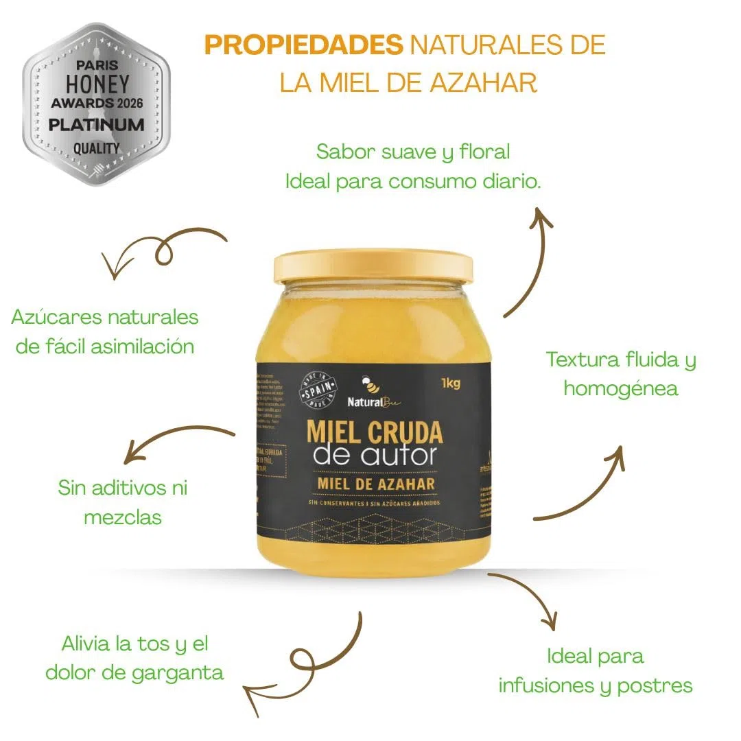 Natural Bee - Premio Platino Paris Awards 2026. Miel de Azahar Pura de Abeja 1kg. Cosecha Propia, Real, Mágica, Cruda sin filtrar, Sin azúcar. Incluye cuchara para miel. 100% Española. Regalo gourmet.