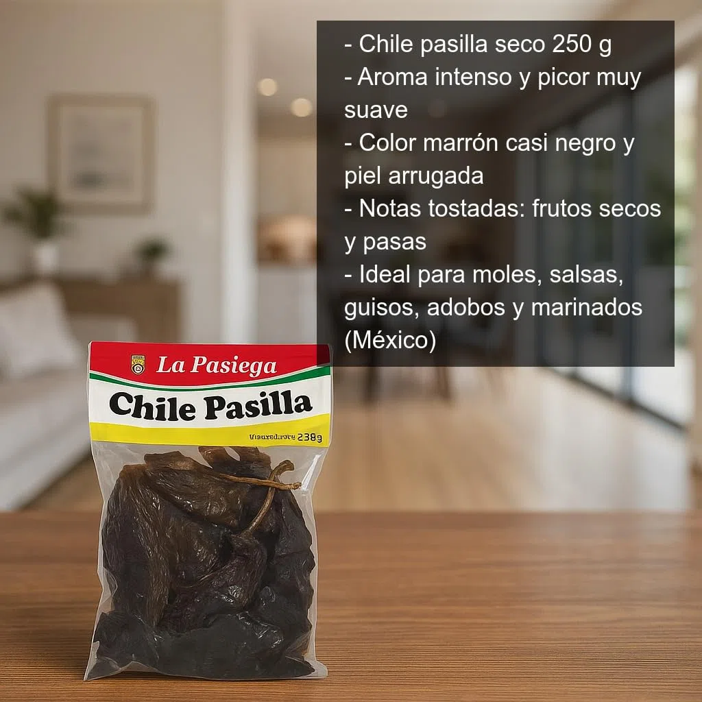 Chile pasilla seco 250 g auténtico de México, picor suave y aroma intenso para moles, salsas y guisos