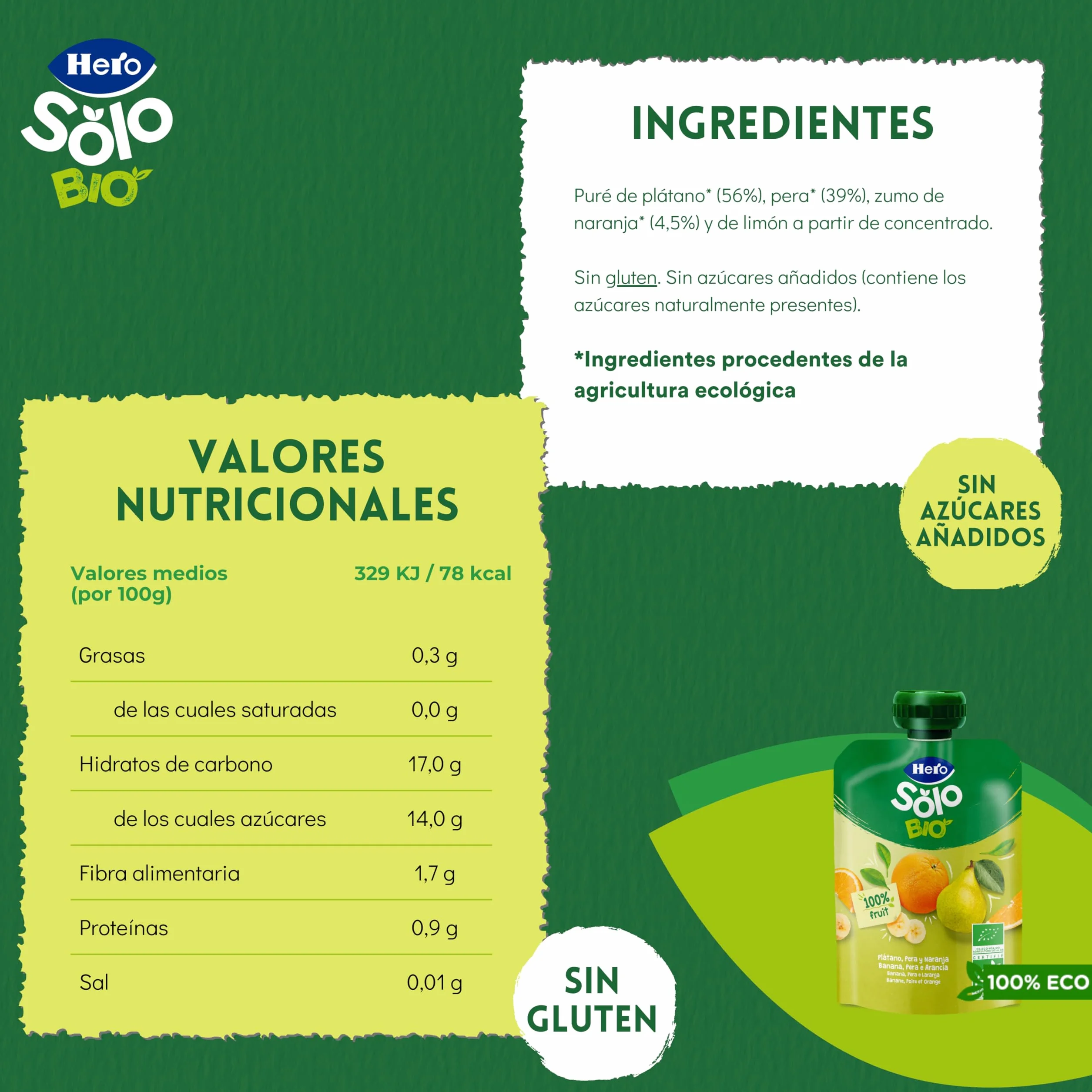 Hero Solo - Bolsita Bio de Plátano, Pera y Naranja – Puré de frutas BIO 100% naturales, compota sin azúcares añadidos, SIN GLUTEN - para bebés desde los 4 meses - Pack de 18 x 100 g
